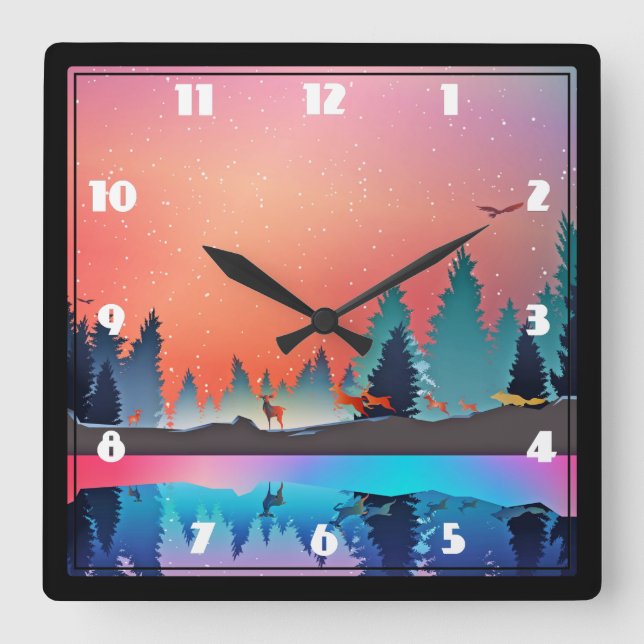 Scenic Winter Lake with Deer Square Wall Clock (Front)