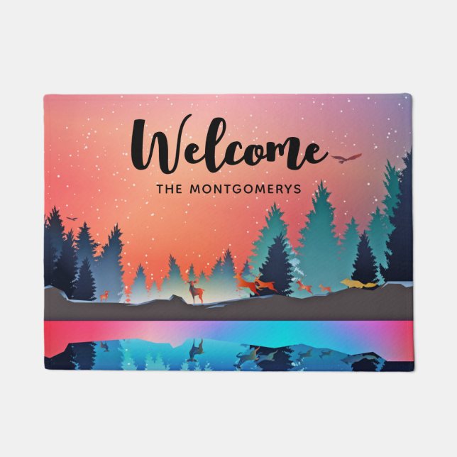 Scenic Winter Lake with Deer Welcome Doormat (Front)