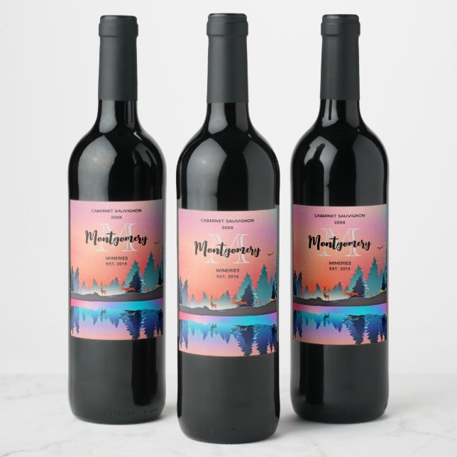 Scenic Winter Lake with Deer Wine Making Wine Label (Bottles)