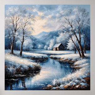 Scenic Winter Landscape Featuring Cabin and Stream Poster