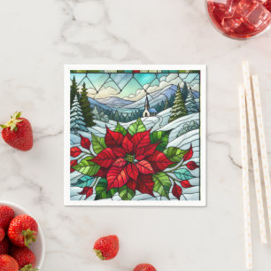 Scenic Winter Poinsettia Stained Glass Decoupage Napkin