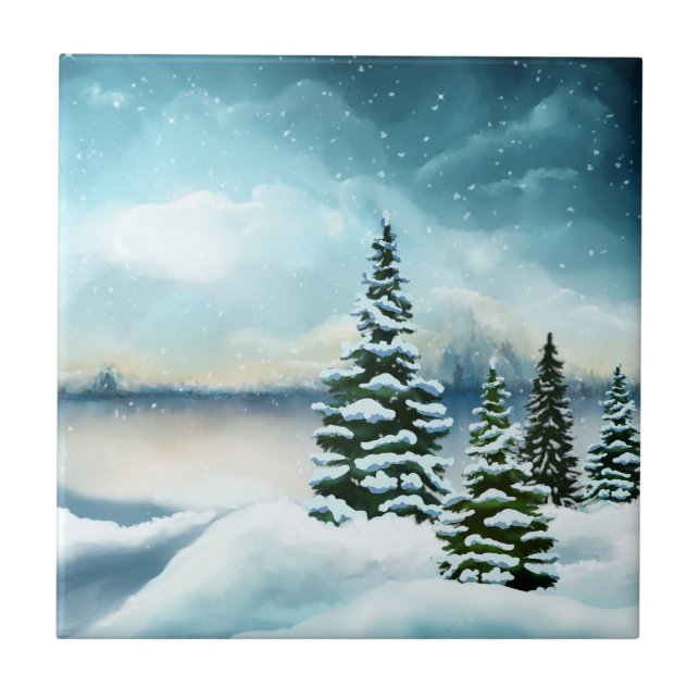 Scenic Winter Wonderland Watercolor Painting Ceramic Tile (Front)