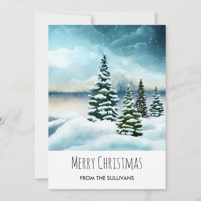 Scenic Winter Wonderland Watercolor Painting Holiday Card (Front)