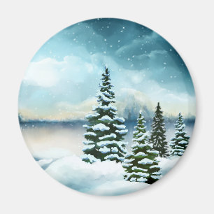 Scenic Winter Wonderland Watercolor Painting Magnet