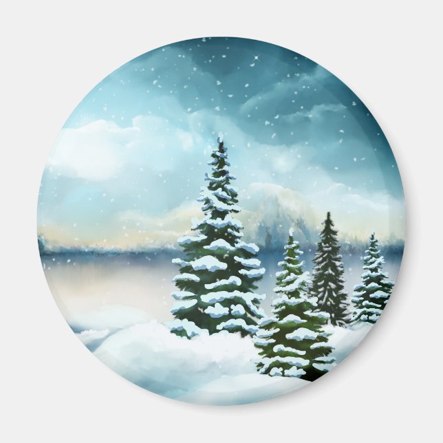Scenic Winter Wonderland Watercolor Painting Magnet (Front)
