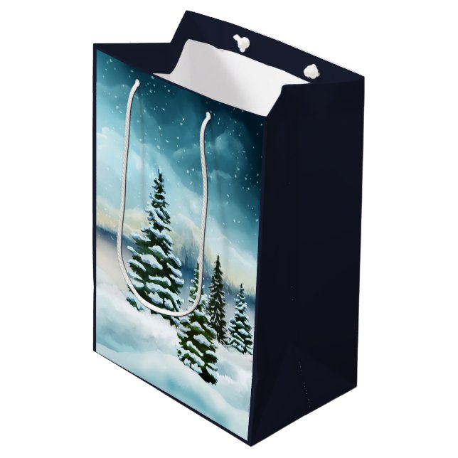 Scenic Winter Wonderland Watercolor Painting Medium Gift Bag (Front Angled)
