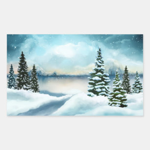 Scenic Winter Wonderland Watercolor Painting Rectangular Sticker