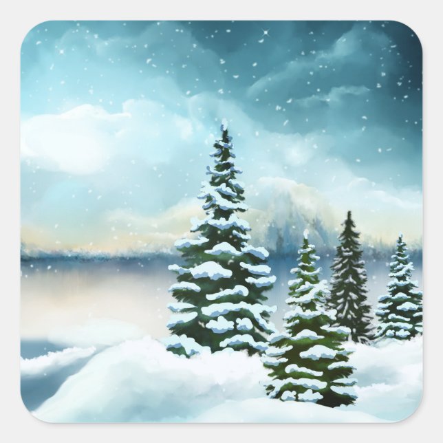 Scenic Winter Wonderland Watercolor Painting Square Sticker (Front)