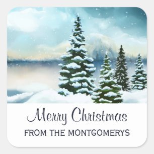 Scenic Winter Wonderland Watercolor Painting Square Sticker