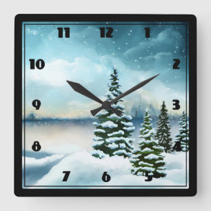 Scenic Winter Wonderland Watercolor Painting Square Wall Clock