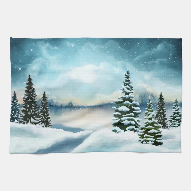 Scenic Winter Wonderland Watercolor Painting Tea Towel (Horizontal)