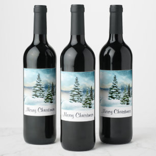 Scenic Winter Wonderland Watercolor Painting Wine Label