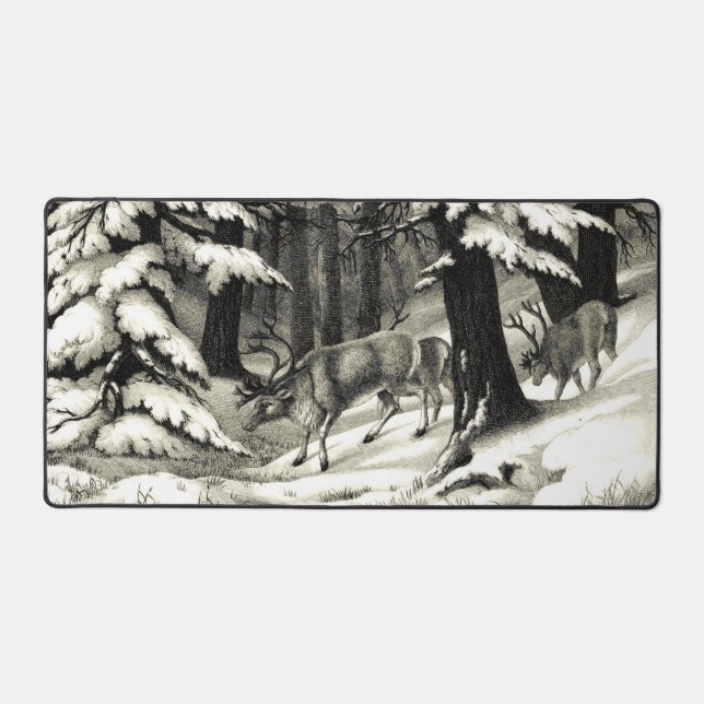 Scenic Winter Woods Snowy Evergreens Wildlife Desk Mat (Front)