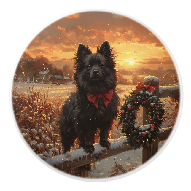 Schipperke Dog Rustic Winter Sunset Ceramic Knob (Front)