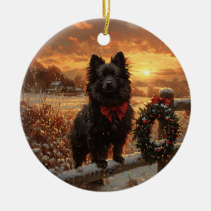 Schipperke Dog Rustic Winter Sunset Ceramic Ornament