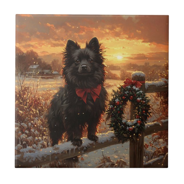 Schipperke Dog Rustic Winter Sunset Ceramic Tile (Front)