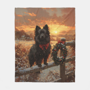 Schipperke Dog Rustic Winter Sunset Fleece Blanket