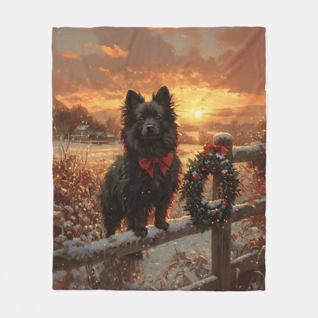 Schipperke Dog Rustic Winter Sunset Fleece Blanket (Front)