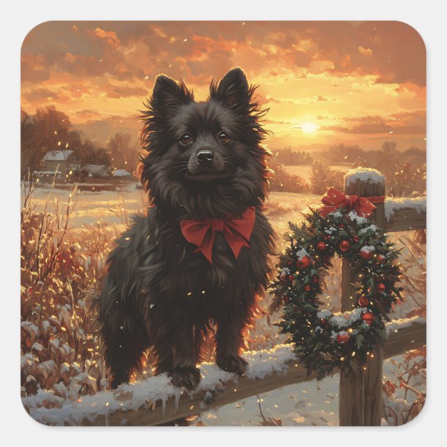 Schipperke Dog Rustic Winter Sunset Square Sticker (Front)
