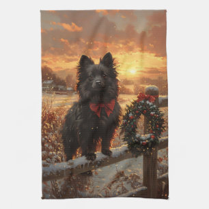 Schipperke Dog Rustic Winter Sunset Tea Towel