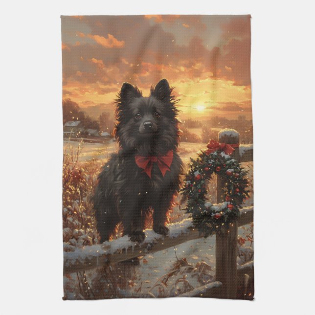 Schipperke Dog Rustic Winter Sunset Tea Towel (Vertical)