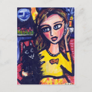 Schipperke hugs woman on phone postcard