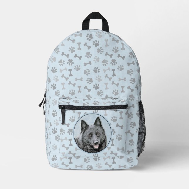 Schipperke Painting - Cute Original Dog Art Printed Backpack (Front)