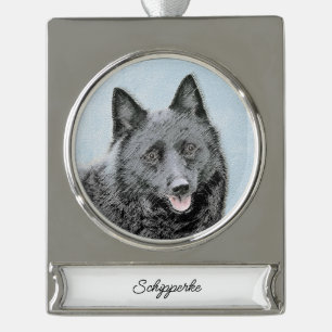 Schipperke Painting - Cute Original Dog Art Silver Silver Plated Banner Ornament