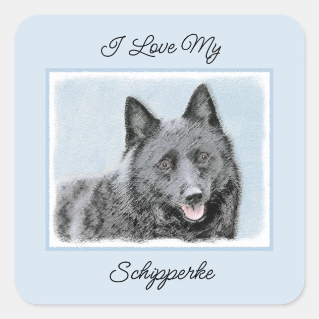 Schipperke Painting - Cute Original Dog Art Square Square Sticker (Front)