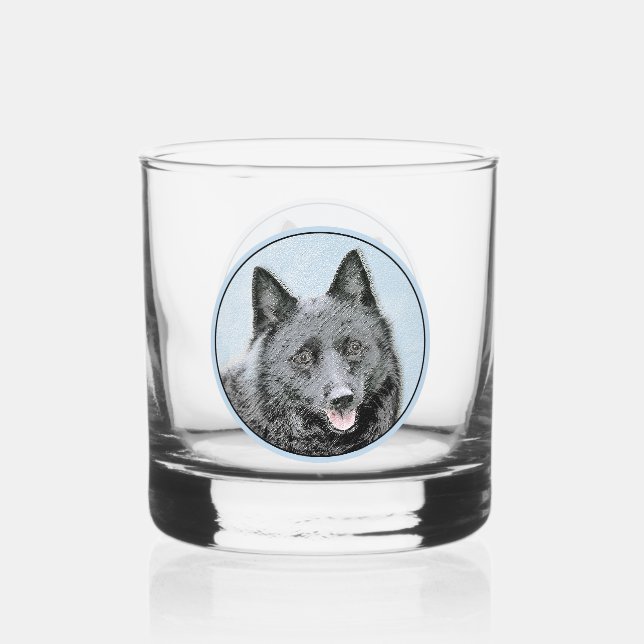 Schipperke Painting - Cute Original Dog Art Whiskey Glass (Front)