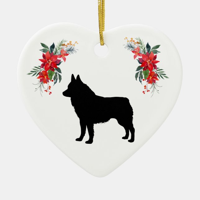 Schipperke Silhouette with Name Poinsettia Ceramic Ornament (Front)