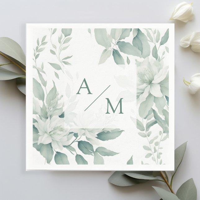 Schlicht elegante Greenery Monogramm  Napkin (Creator Uploaded)