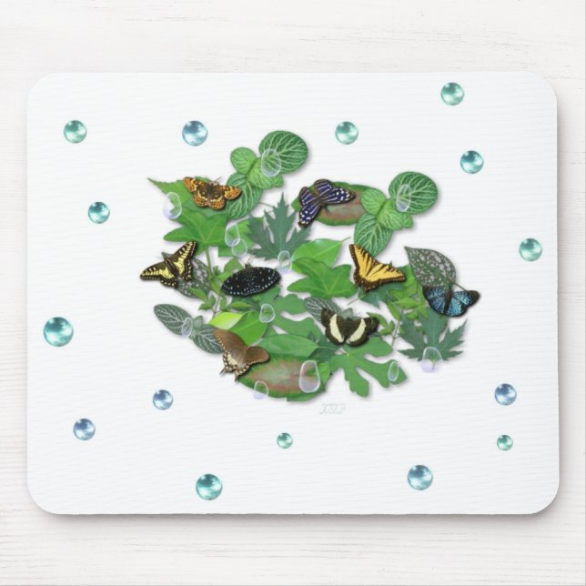Schmetterlinge mit Blätter, Regentropfen, Perlen Mouse Pad (Front)