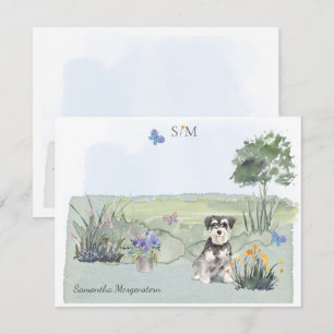 Schnauzer Butterfly Meadow  Monogram & Name      Card