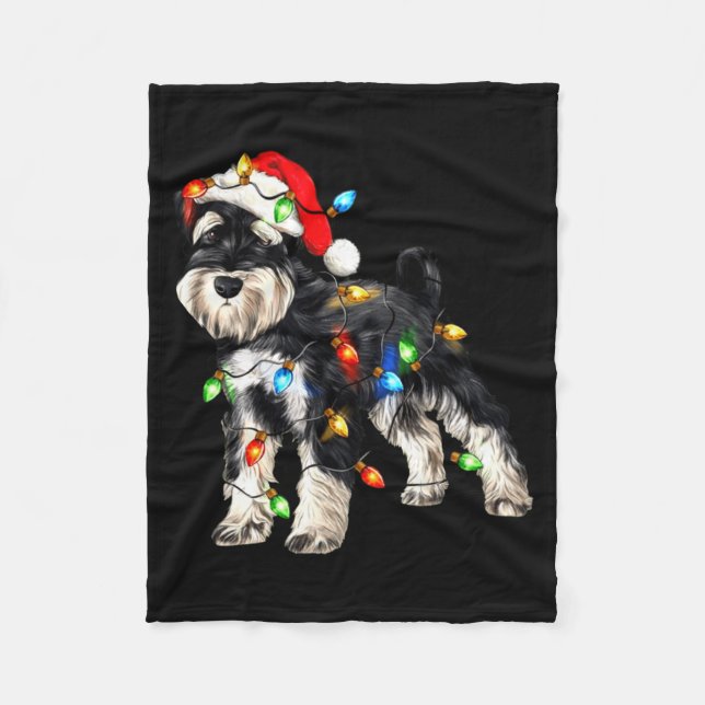 Schnauzer Christmas Dog Christmas Lights Santa Hat Fleece Blanket (Front)