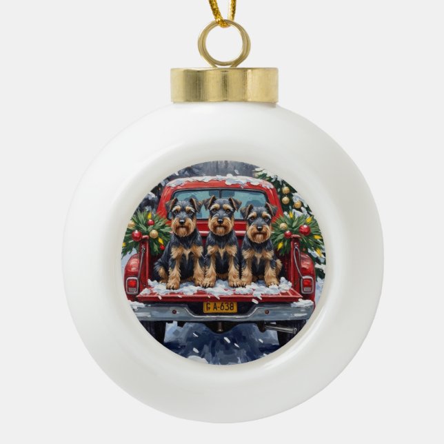 Schnauzer Christmas Red Truck Holiday Ceramic Ball Christmas Ornament (Front)