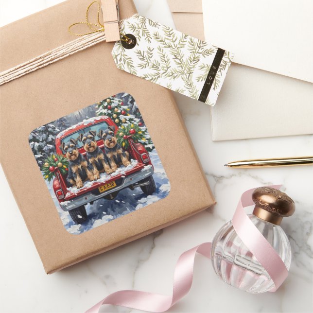 Schnauzer Christmas Red Truck Holiday Square Sticker (Gifting)