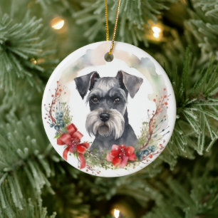 Schnauzer Christmas Wreath Festive Pup Ceramic Ornament