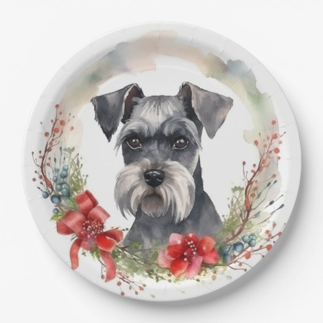 Schnauzer Christmas Wreath Festive Pup Paper Plate (Front)