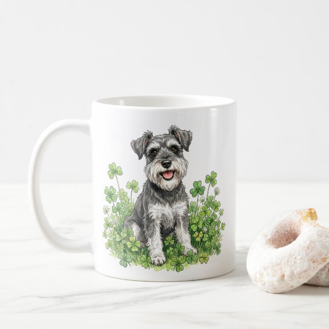 Schnauzer Coffee Mug with Shamrocks (With Donut)