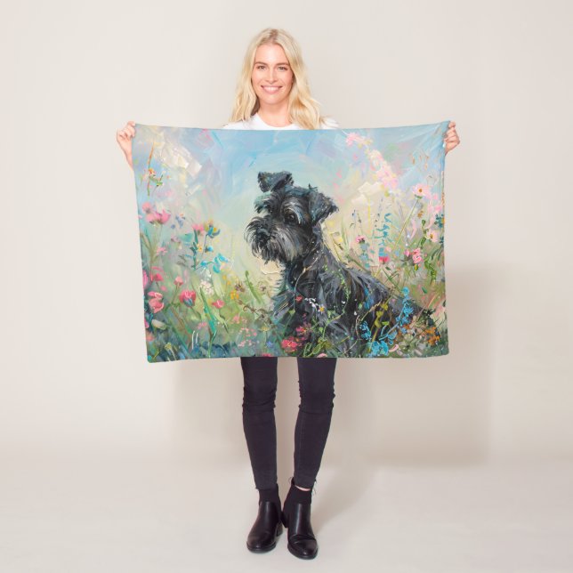 Schnauzer Colourful Wildflowers Fleece Blanket (In Situ)