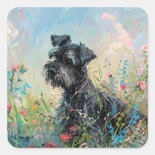 Schnauzer Colourful Wildflowers Square Sticker (Front)