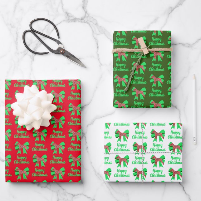 Schnauzer Cute Christmas Dog & Bow 3 Color Wrapping Paper Sheet (Front)