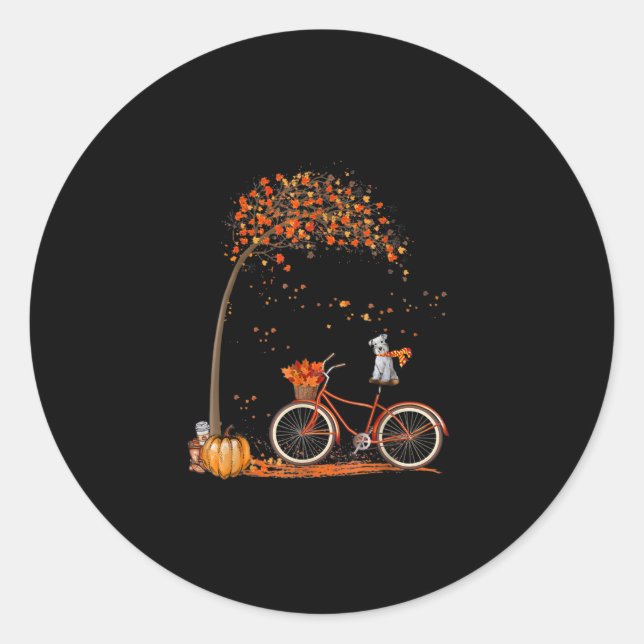 Schnauzer Dog And Pumpkins Bicycle Autumn Leaf Classic Round Sticker (Front)