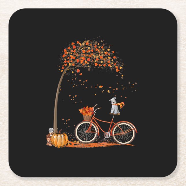 Schnauzer Dog And Pumpkins Bicycle Autumn Leaf Square Paper Coaster (Front)