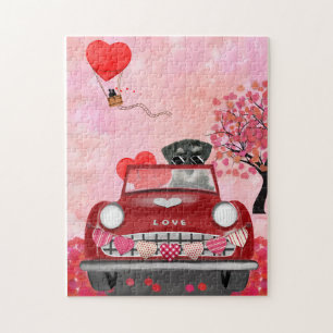 Schnauzer Dog Car with Hearts Valentine's Jigsaw Puzzle
