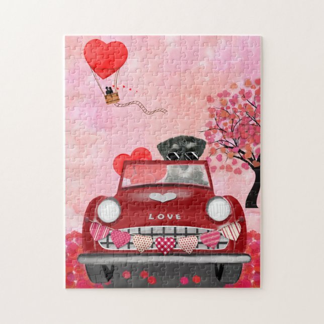 Schnauzer Dog Car with Hearts Valentine's  Jigsaw Puzzle (Vertical)