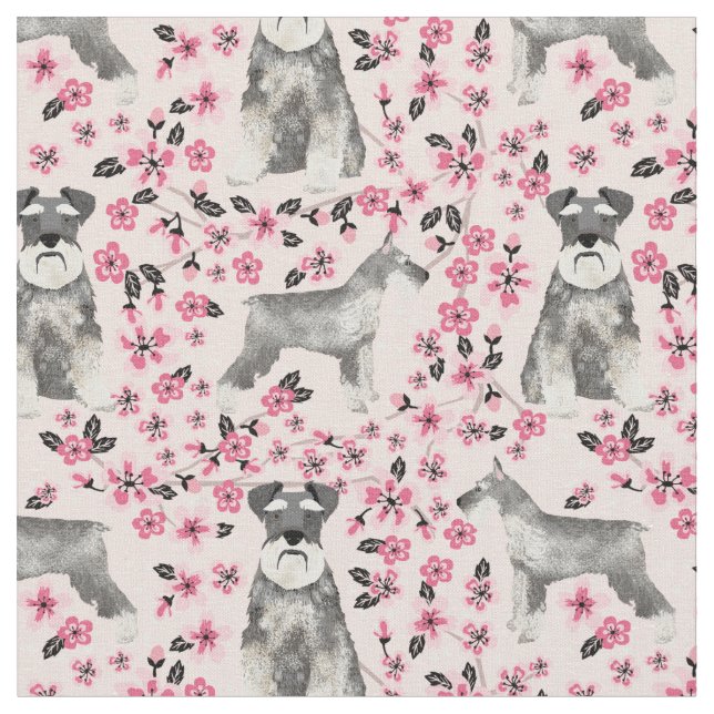 schnauzer dog cherry blossoms pink fabric (Close Up)