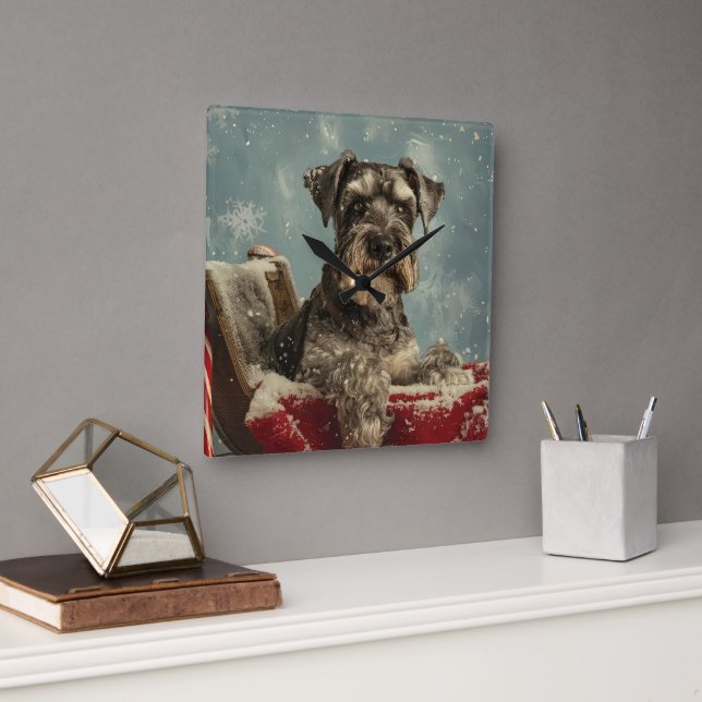 Schnauzer Dog Christmas Festive Square Wall Clock (Office)