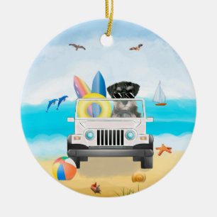 schnauzer dog Driving on Beach Ceramic Ornament